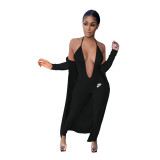 Sexy Solid Black Printed Straps V Neck Jumpsuits with Shawl Cardigan
