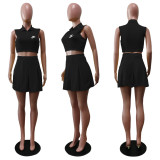 Casual Summer Black Pyrography Sleeveless POLO Collar Pleated Skirt Set