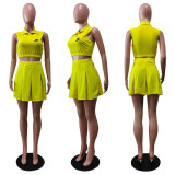 Casual Summer Yellow Pyrography Sleeveless POLO Collar Pleated Skirt Set