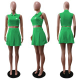 Casual Summer Green Pyrography Sleeveless POLO Collar Pleated Skirt Set