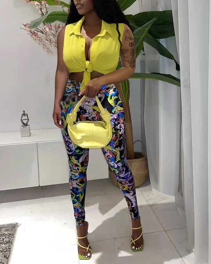 Fashion Women Sleeveless Turn-down Collar Pants Sets Two Pieces Outfit Yellow Rose Red Orange S-2XL