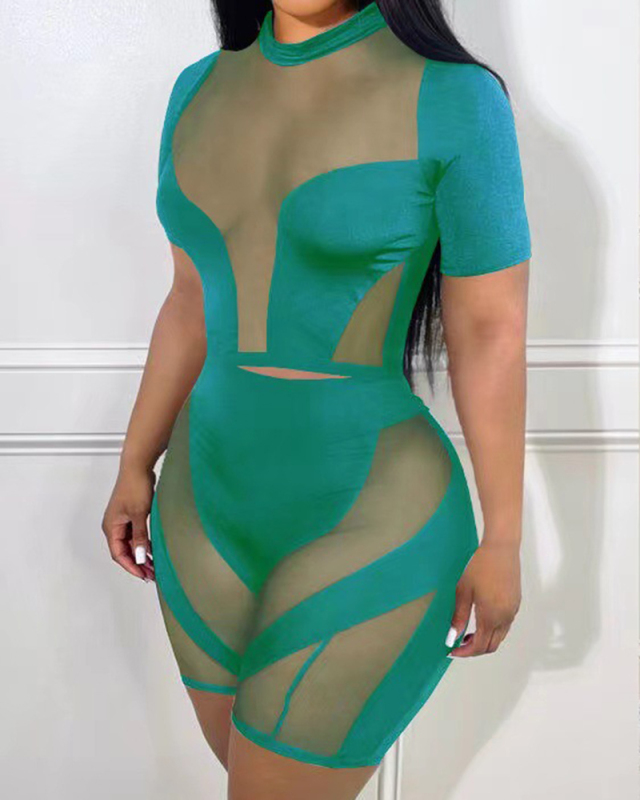Women Mesh See Through Hollow Out Two Piece Set Yellow Black Rose Red Green S-2XL 