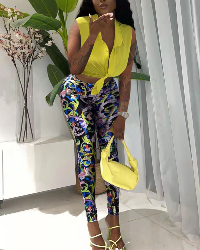 Fashion Women Sleeveless Turn-down Collar Pants Sets Two Pieces Outfit Yellow Rose Red Orange S-2XL