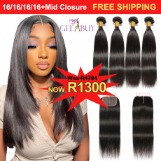 12A Virgin Hair Straight Hair 16inch 4bundles 200g with Midway Closure