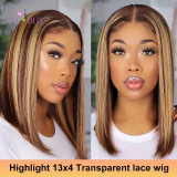 Geebuy Bob Human Hair P4/27 Highlight 13x4 HD Lace Front  Ombre Straight Wigs for Women (12inch-14Inch,13x4 P4/27# Bob Wig)