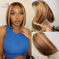 Geebuy Bob Human Hair P4/27 Highlight 13x4 HD Lace Front  Ombre Straight Wigs for Women (12inch-14Inch,13x4 P4/27# Bob Wig)