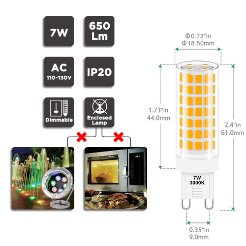 Dimmable 7W G9 LED Capsule Light Bulbs 650Lm 60W T4 G9 Bi Pin Halogen Lamp Bulb Equivalent Warm White 3000K 0~100% Brightness Range 360° Beam Angle 120V ETL Listed 6 Pack