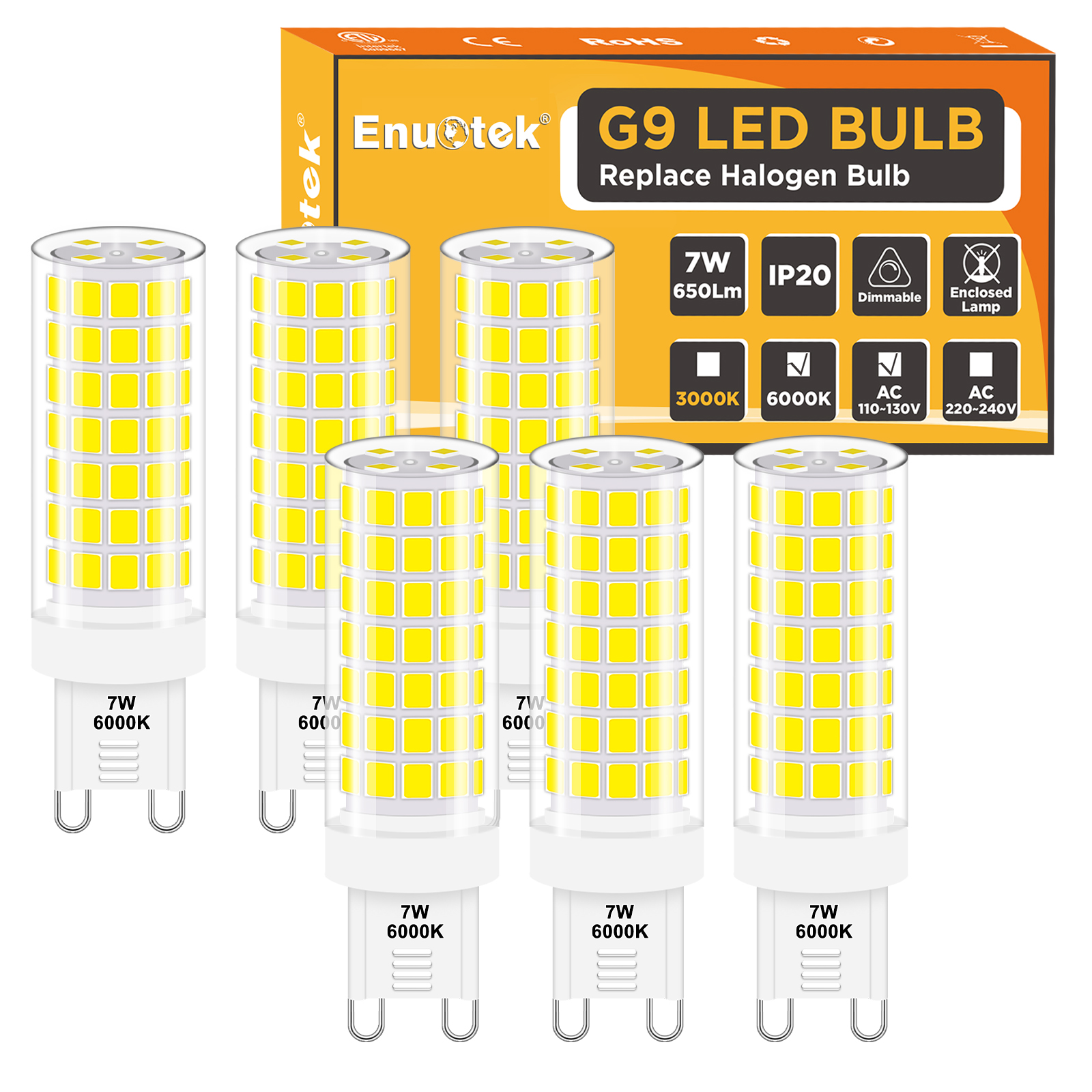 Dimmable G9 Bi-pin LED Bulbs 7W 650Lm 120V ETL Listed Replace 60W GU9 T4  Halogen Light Bulb Cool White 6000K 0~100% Brightness Adjustable 360° Beam  Angle 6 Pack by ENUOTEK