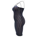 2022 summer plus size net yarn perspective gold and silver thread suspenders midi dress