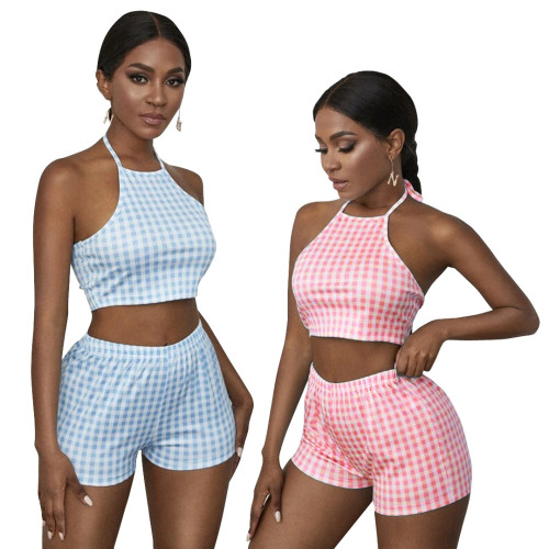 Summer casual plaid halterneck top and shorts two-piece set