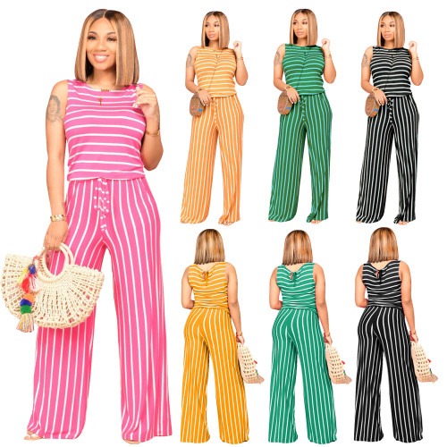 Summer Crew Neck Striped Print Sleeveless Casual Flared Pants Two-Piece Set