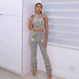 Summer Crew Neck Shiny Sleeveless Ruched Pants Two Piece