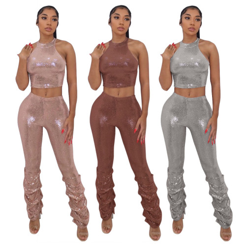 Summer Crew Neck Shiny Sleeveless Ruched Pants Two Piece