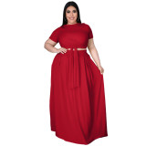 Large size solid color cross-tie large swing skirt two-piece set