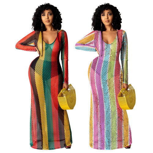Cutout Perspective Colorful Mesh Beach Blouse Dress