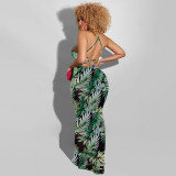 2022 Spring Leaf Print Backless High Waist Sexy Long Dress