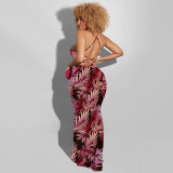 2022 Spring Leaf Print Backless High Waist Sexy Long Dress