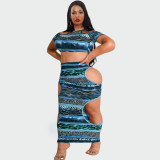 2022 spring and summer leopard print tight skirt two-piece set   S-5XL