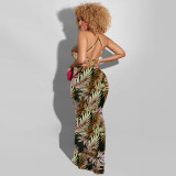 2022 Spring Leaf Print Backless High Waist Sexy Long Dress