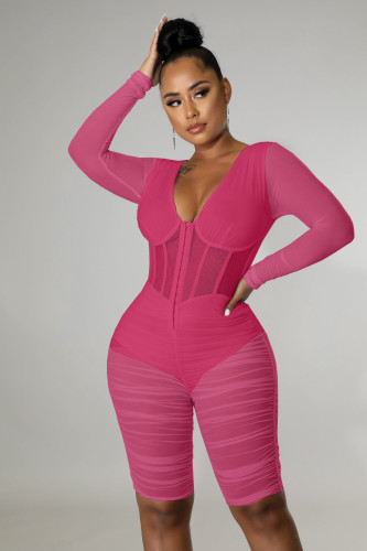 Net yarn stitching smocked chest wrap sexy casual jumpsuit