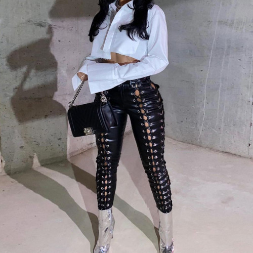 Sexy Lace Up Leggings Paneled Cropped Pants