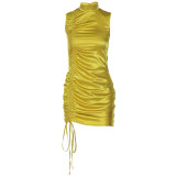 2022 Spring Solid Color Sleeveless Stand Collar Drawstring Zip Dress