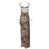 2022 Spring Leopard Print Slim Fit Backless Chain Suspender Midi Dress