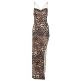 2022 Spring Leopard Print Slim Fit Backless Chain Suspender Midi Dress