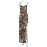 2022 Spring Leopard Print Slim Fit Backless Chain Suspender Midi Dress