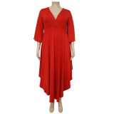 2022 Spring/Summer Solid Color Casual Flared Sleeve V-Neck Waist Swing Skirt Dress