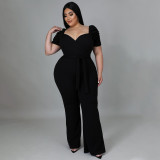 2022 spring and summer large size stand collar lotus leaf sleeve high waist wide leg jumpsuit