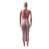 Spring and summer net  yarn  pants printing two-piece set
