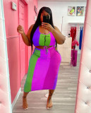 Summer plus size multicolor stitching sleeveless vest skirt two piece set