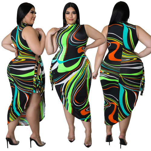 2022 large size asymmetric sexy vest print dress