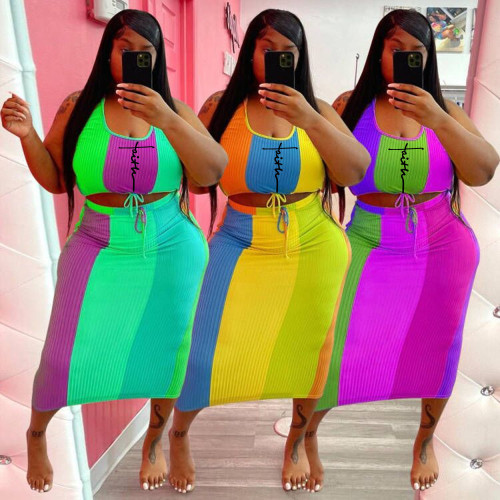 Summer plus size multicolor stitching sleeveless vest skirt two piece set