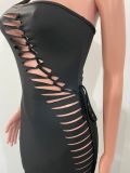 Fishnet Cloth Patchwork Cutout One Shoulder Dress