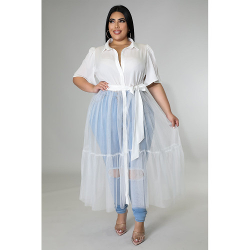 2022 summer plus size solid color shirt net yarn top dress