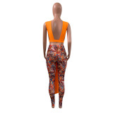 Spring and summer net  yarn  pants printing two-piece set
