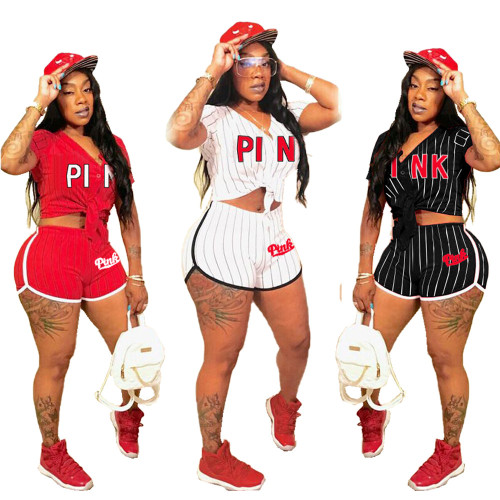 Sexy Athletic Letters Striped Baseball Jersey Two-Piece Set