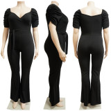 2022 spring and summer large size stand collar lotus leaf sleeve high waist wide leg jumpsuit