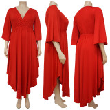 2022 Spring/Summer Solid Color Casual Flared Sleeve V-Neck Waist Swing Skirt Dress