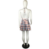 Plaid Print Casual Wrap Breast Skirt Two Piece Set