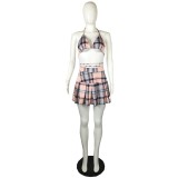 Plaid Print Casual Wrap Breast Skirt Two Piece Set