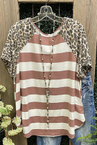 Leopard Print Short Sleeve Striped Crew Neck Top Unishe Wholesale