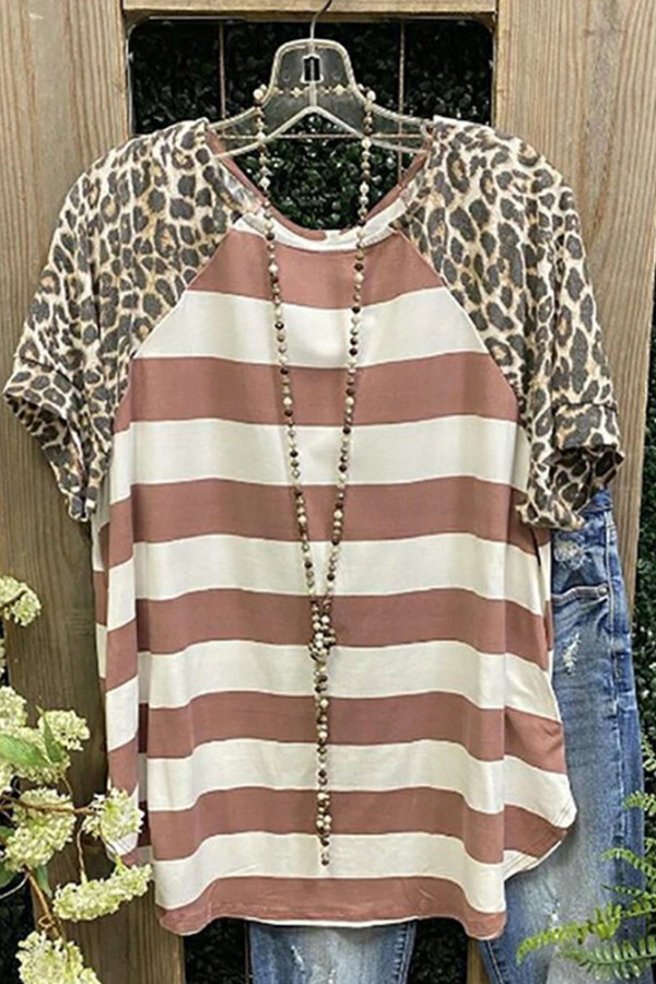 Leopard Print Short Sleeve Striped Crew Neck Top Unishe Wholesale