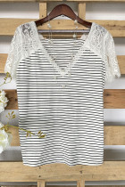 Lace Stitching V-neck Short Sleeve Striped Top Unishe Wholesale