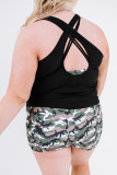 Black Camouflage Strappy Criss Cross Plus Size Three Piece Bikini Sets