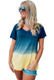 Blue Gradient Color Block V Neck T Shirt