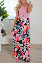 Floral Print Color Block Sleeveless Maxi Dress with Pockets