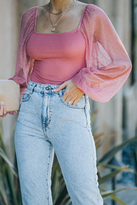 Pink Ribbed Knit Polka Dot Mesh Long Sleeve Blouse
